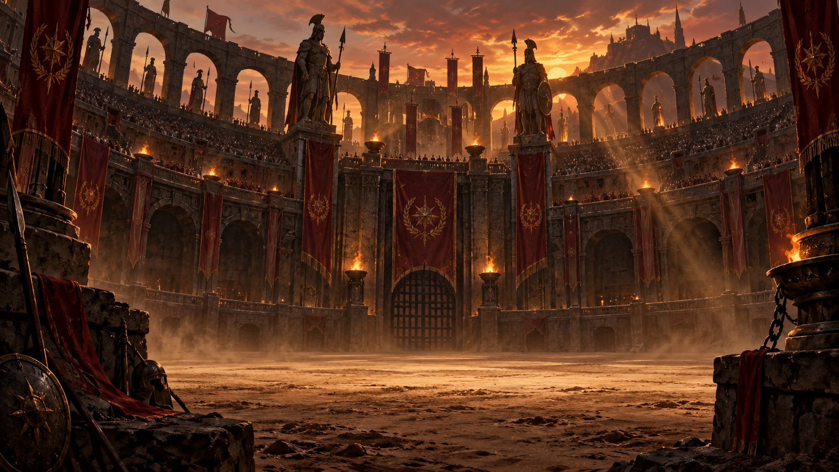 Starověká fantasy aréna zalitá zapadajícím sluncem